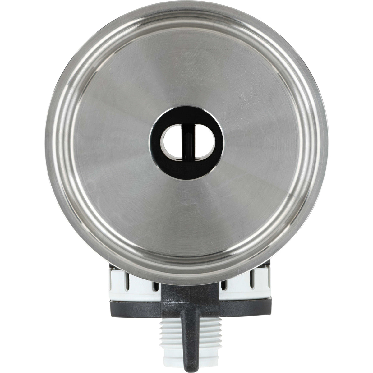 Stainless steel tri-clamp adapter with side of black and white flow meter showing on one side. Part shown on white background.