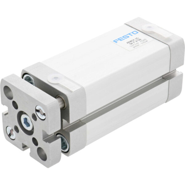 Rectangular, pneumatic cylinder, slightly extended, with two white plastic plugs pressed into threaded holes. A sticker with blue and black text is found on the side of the cylinder. Cylinder is shown on a white background. 537126