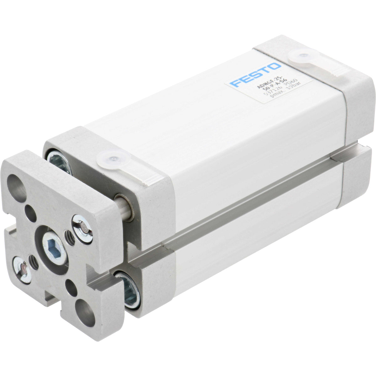 Rectangular, pneumatic cylinder, slightly extended, with two white plastic plugs pressed into threaded holes. A sticker with blue and black text is found on the side of the cylinder. Cylinder is shown on a white background. 537126