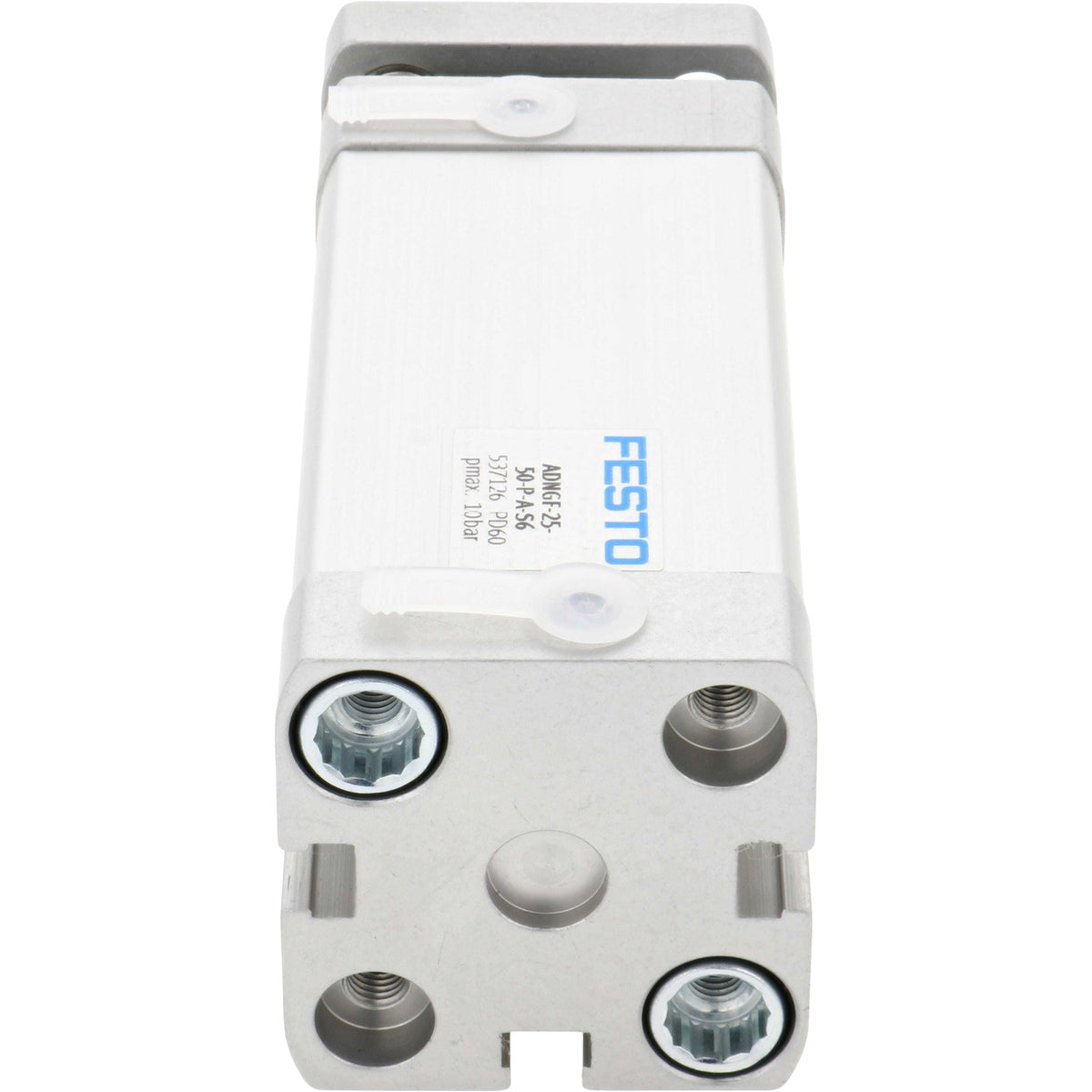 Rectangular, pneumatic cylinder with two white plastic plugs pressed into threaded holes. A sticker with blue and black text is found on the side of the cylinder. Cylinder is shown on a white background. 537126