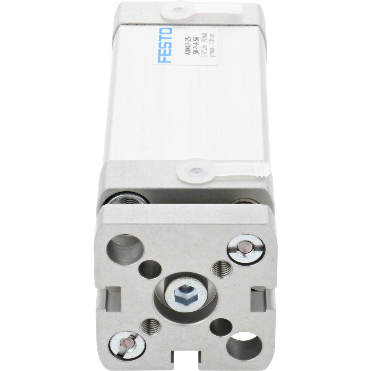 Rectangular, pneumatic cylinder with two white plastic plugs pressed into threaded holes. A sticker with blue and black text is found on the side of the cylinder. Cylinder is shown on a white background. 537126