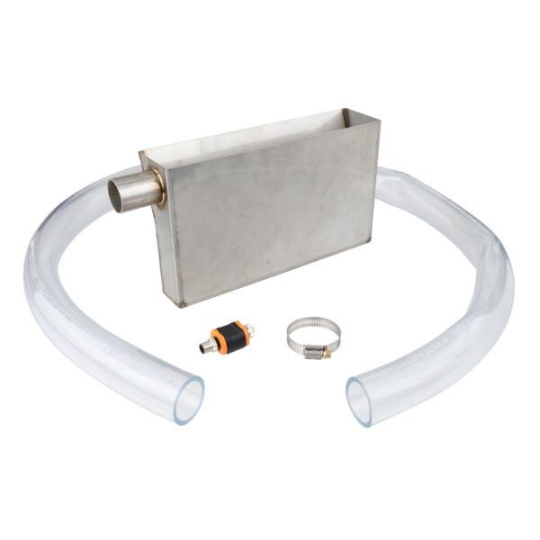 Rectangular stainless steel weldment with a black and orange temperature dongle, hose clamp and a section of clear flexible tubing near by. Parts are shown on a white background.