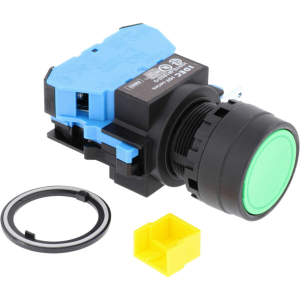 Green push button with black and blue housing on white background.