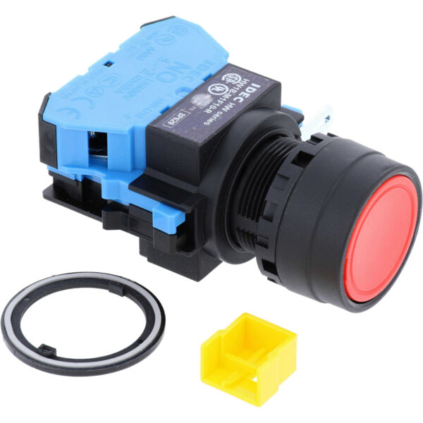 20mm red pushbutton on black and blue housing. Black and white retaining ring and a small, yellow, cube shaped connector cap are shown to the side of the push button. These parts are shown on a white background.
