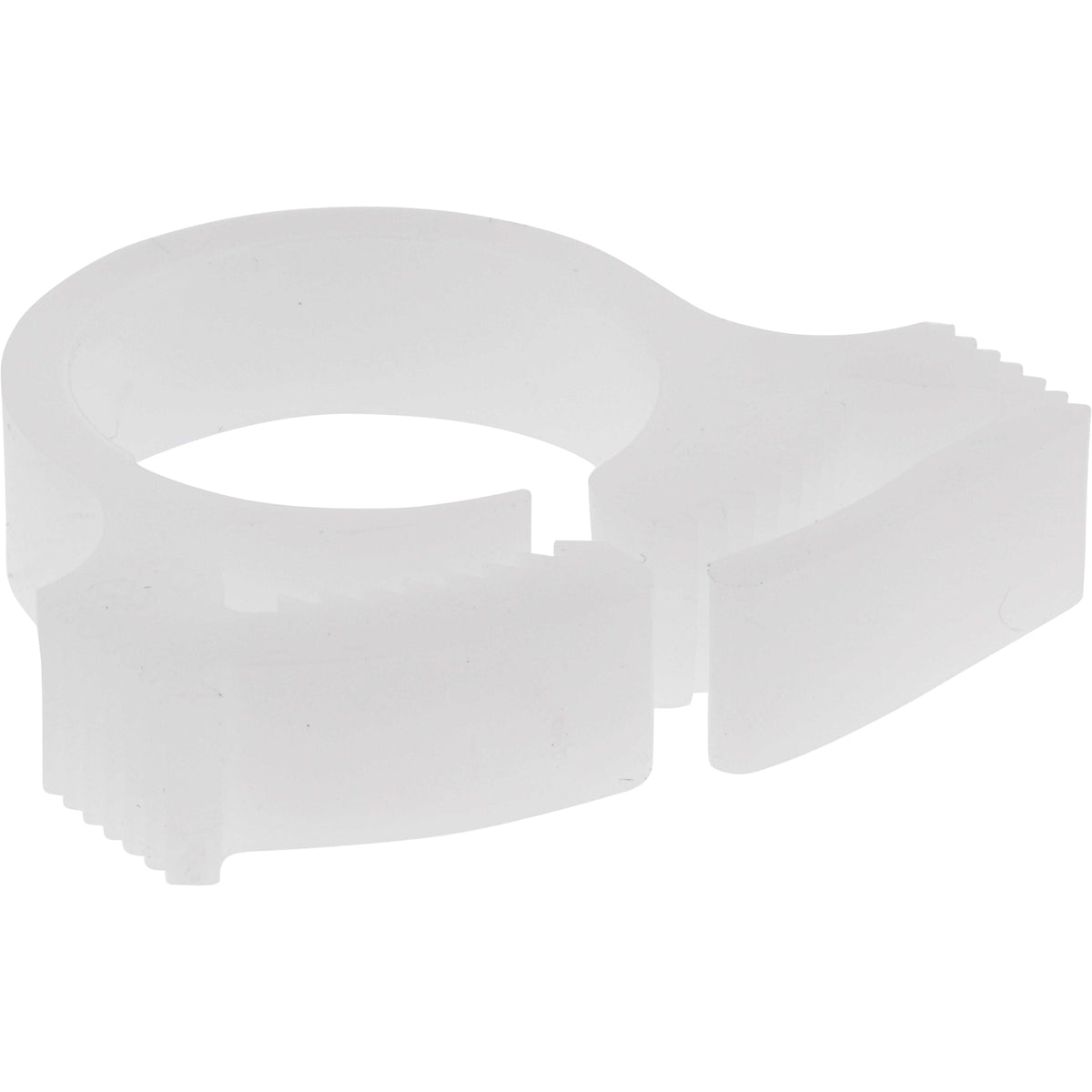 White plastic tube clamp on white background.