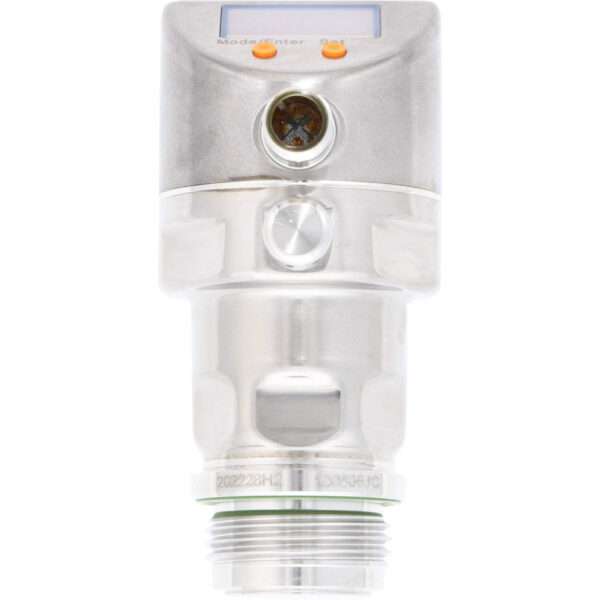 Cylindrical stainless-steel pressure sensor with four pin electrical connection port. Pressure sensor is shown on white background. PI2796