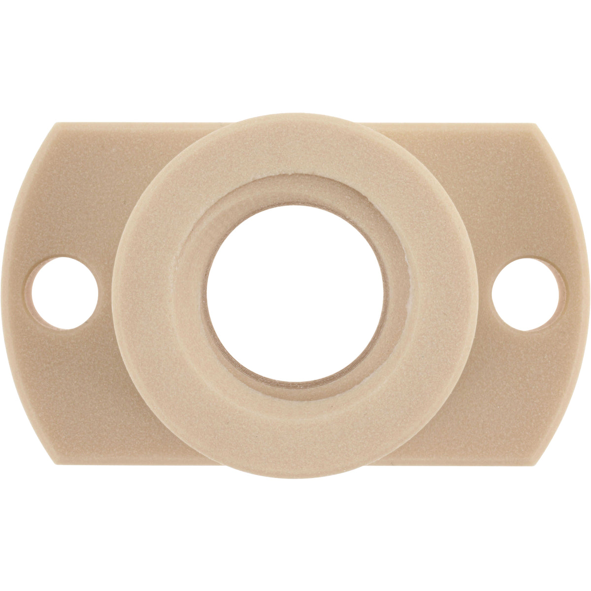 Off white DryLin® flange lead screw nut with flat, trapezoidal thread on white background.