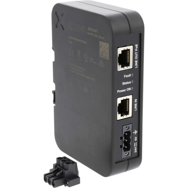 Black JSmart PoE Injector with plug on white background.