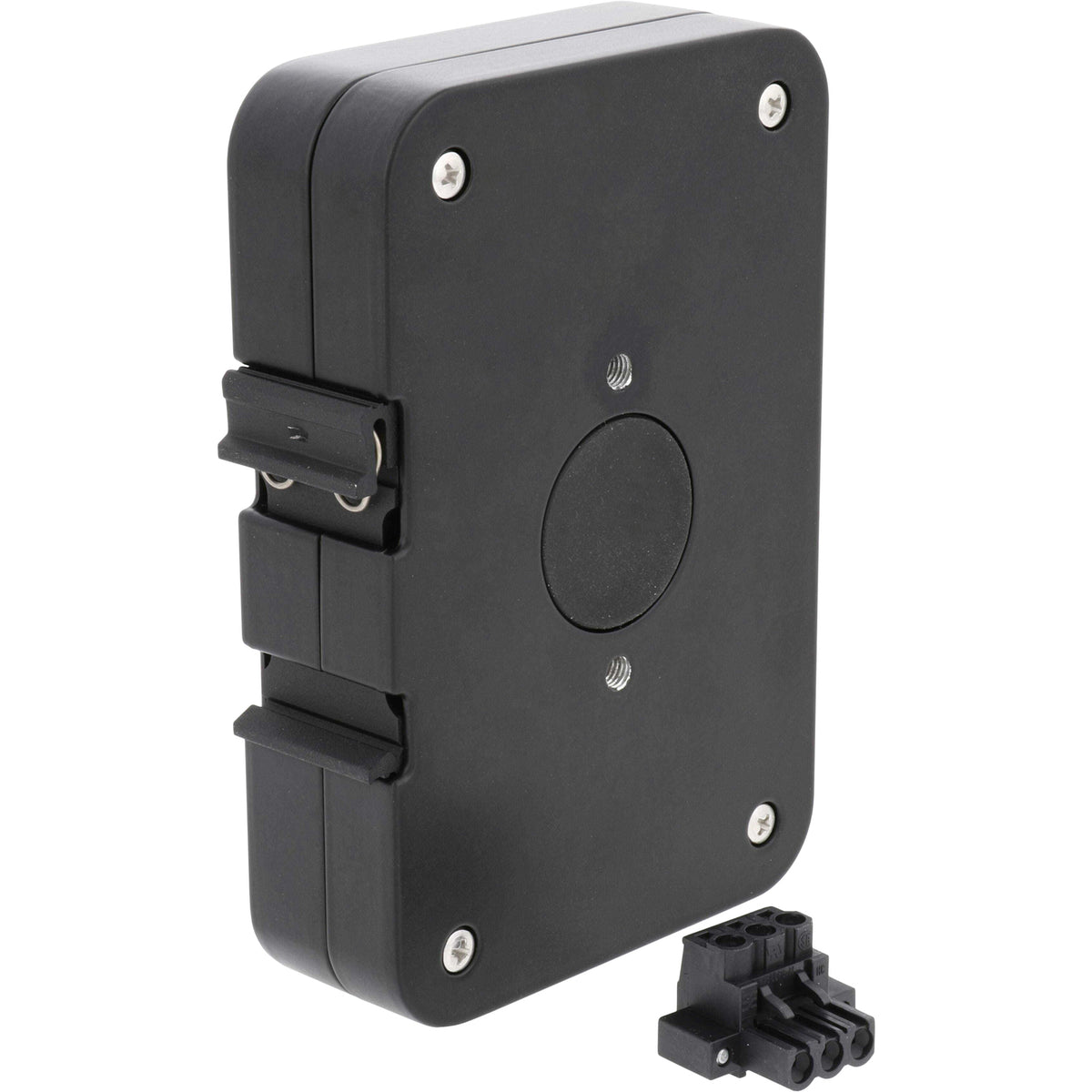 Black JSmart PoE Injector with plug on white background.