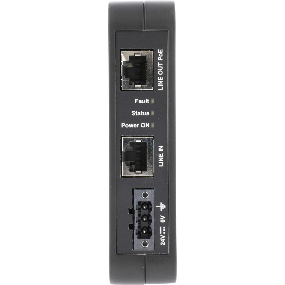 Black JSmart PoE Injector with plug on white background.