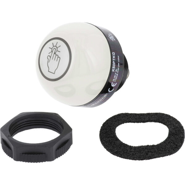 Banner Engineering K50PTKQ Programmable Indicator w/Touch Button mounting nut and washer on white background.