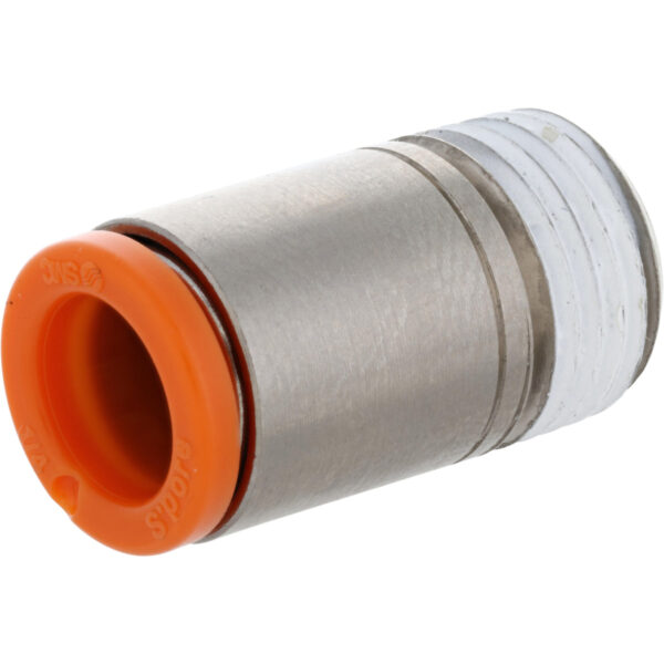 stainless steel and orange plastic push connect fitting on white background.
