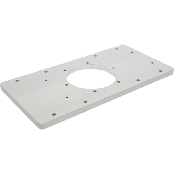 Flat, grey rectangular aluminum part with large center through hole and multiple smaller holes cut into part. Shown on white background.