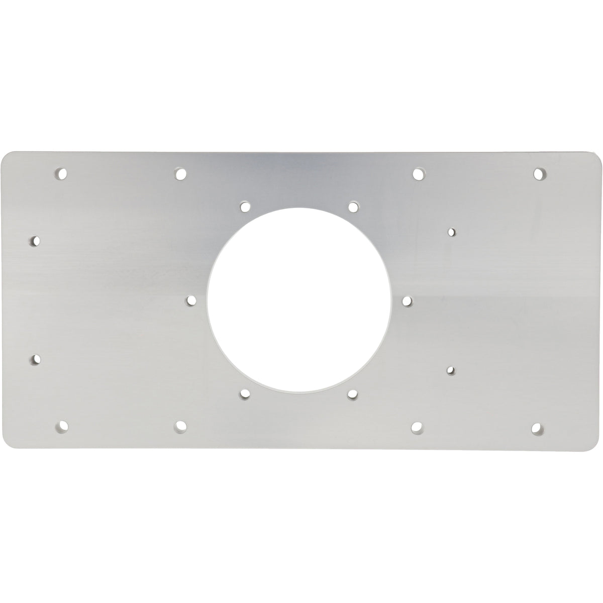 Flat, grey rectangular aluminum part with large center through hole and multiple smaller holes cut into part. Shown on white background.