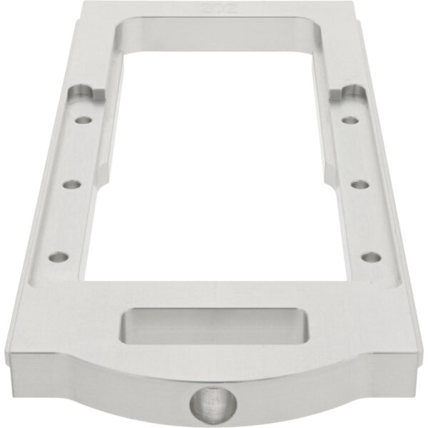 Gray aluminum rectangular part with center cut out and multiple through holes. on a white background.