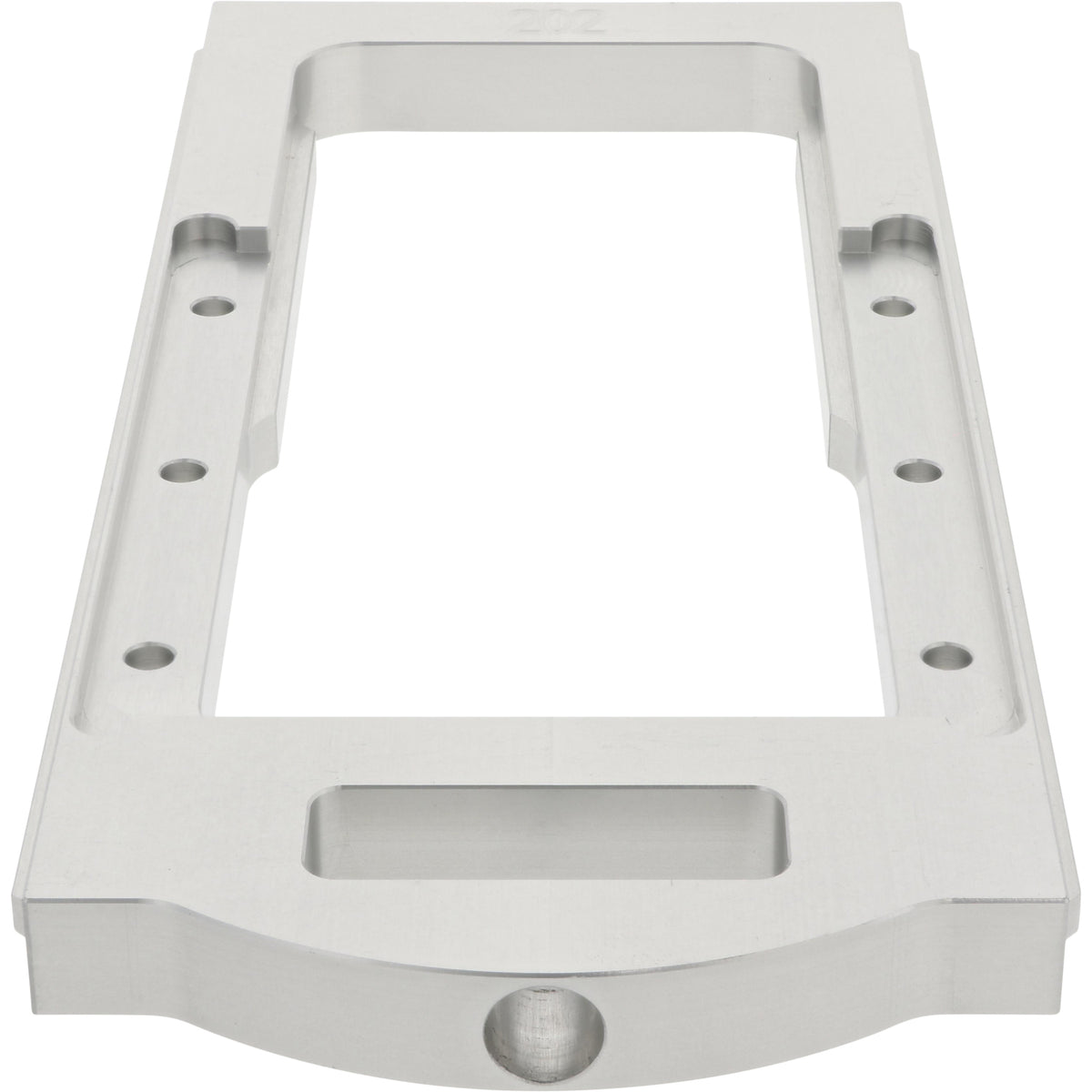 Gray aluminum rectangular part with center cut out and multiple through holes. on a white background.
