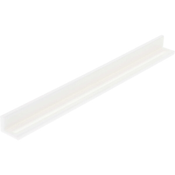 White plastic 90 degree rail with a groove machined into one of the inner surfaces of the part. Part is shown on white background.