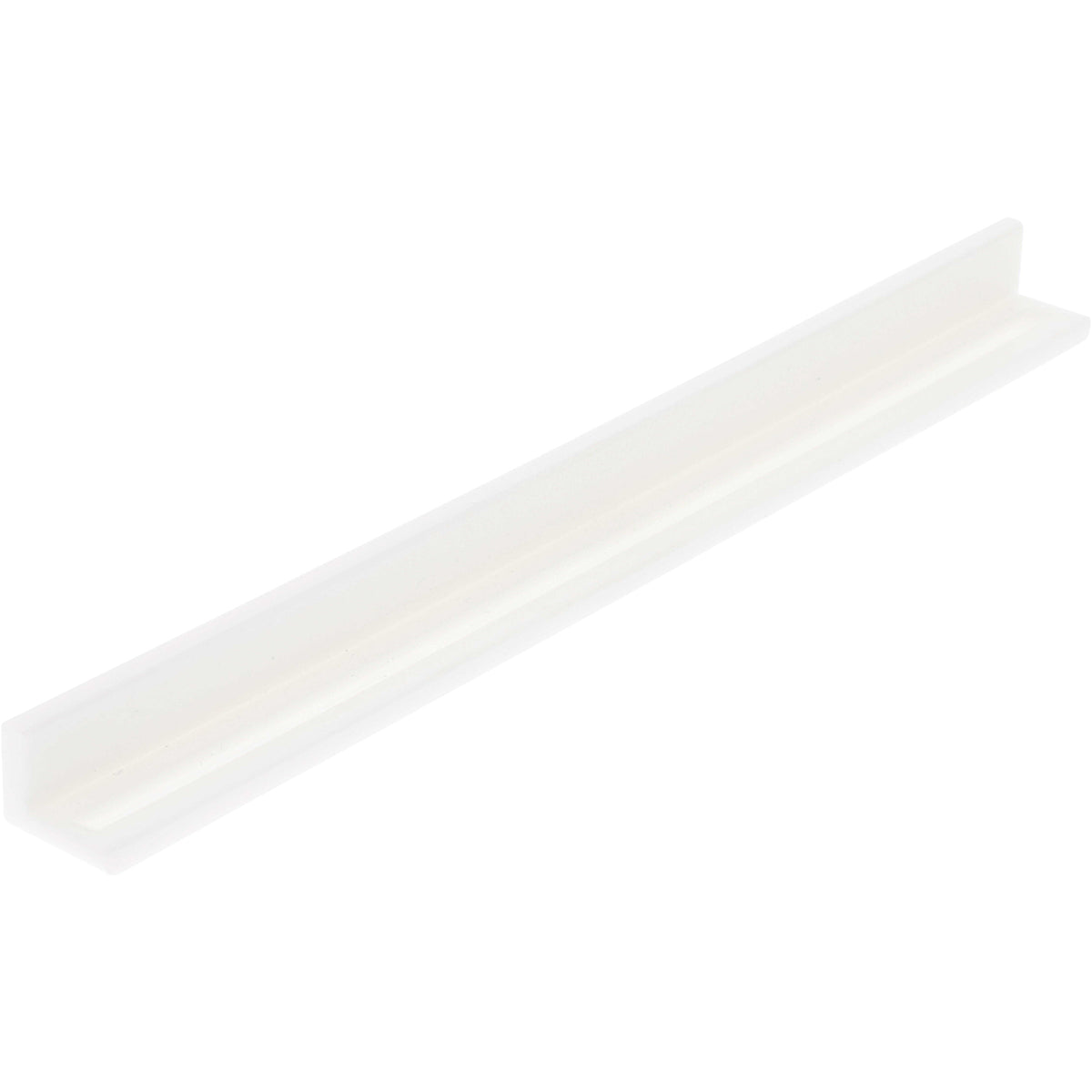 White plastic 90 degree rail with a groove machined into one of the inner surfaces of the part. Part is shown on white background.