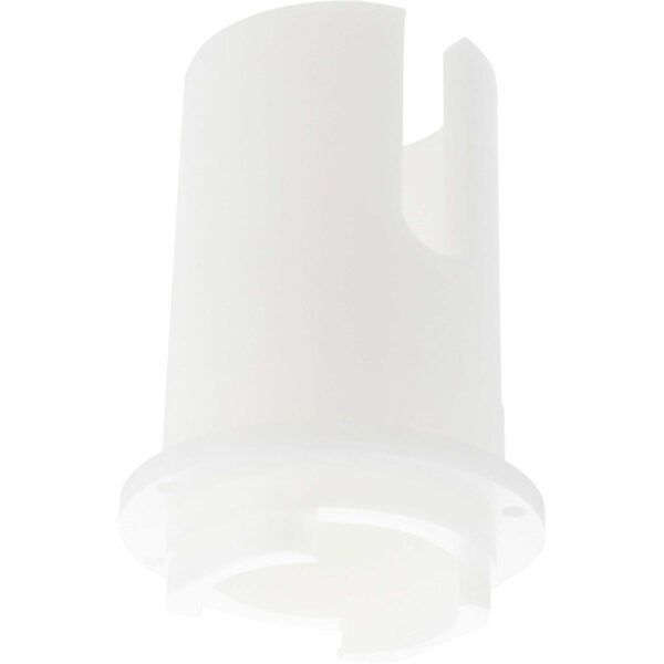 White cylindrical plastic machined part with slot on top and multiple mounting holes. Part shown on white background.