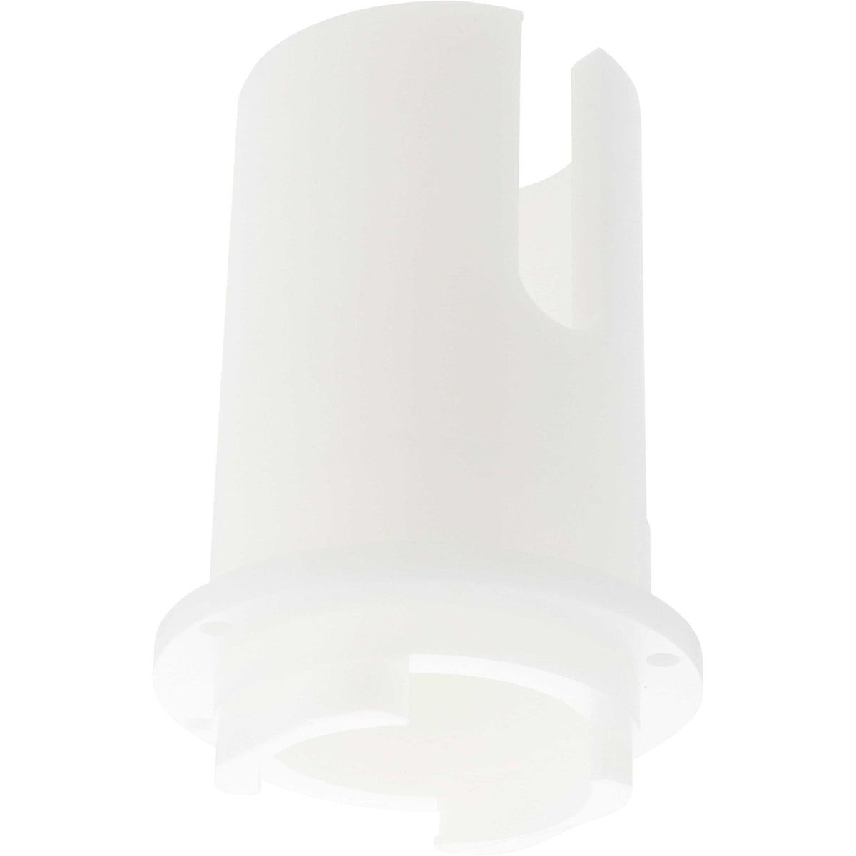 White cylindrical plastic machined part with slot on top and multiple mounting holes. Part shown on white background.