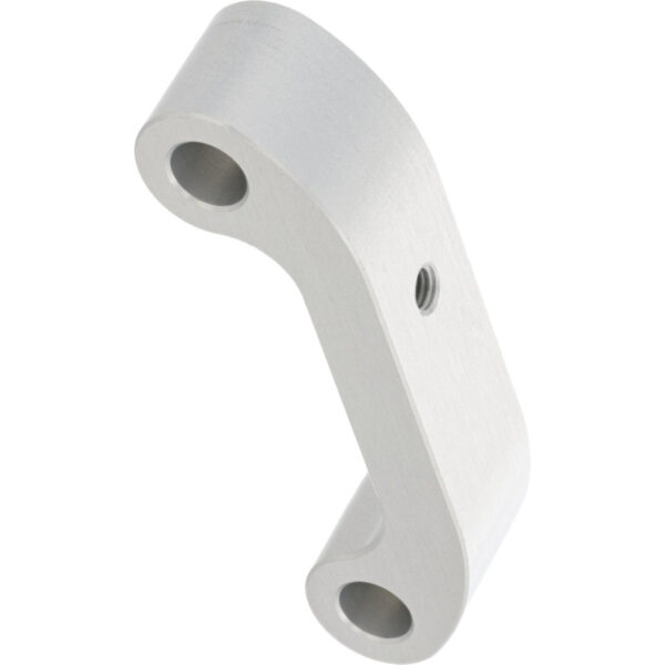 Grey hard anodized aluminum part with two through holes on the side of the part and one M3 threaded hole on the front surface. Part shown on white background.