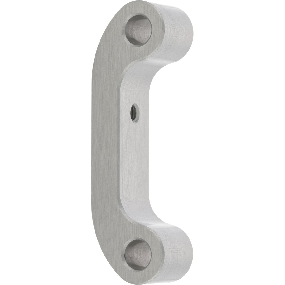 Grey hard anodized aluminum part with two through holes on the side of the part and one M3 threaded hole on the front surface. Part shown on white background.