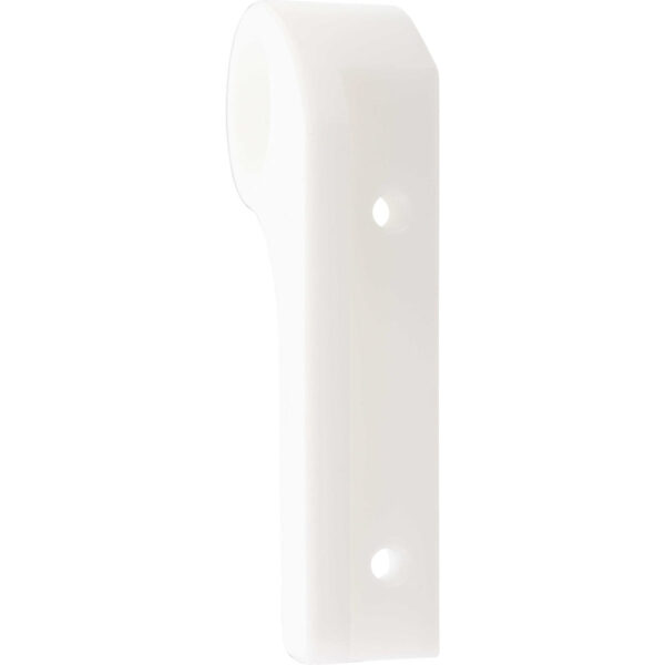 White plastic machined part with two threaded holes shown on white background.