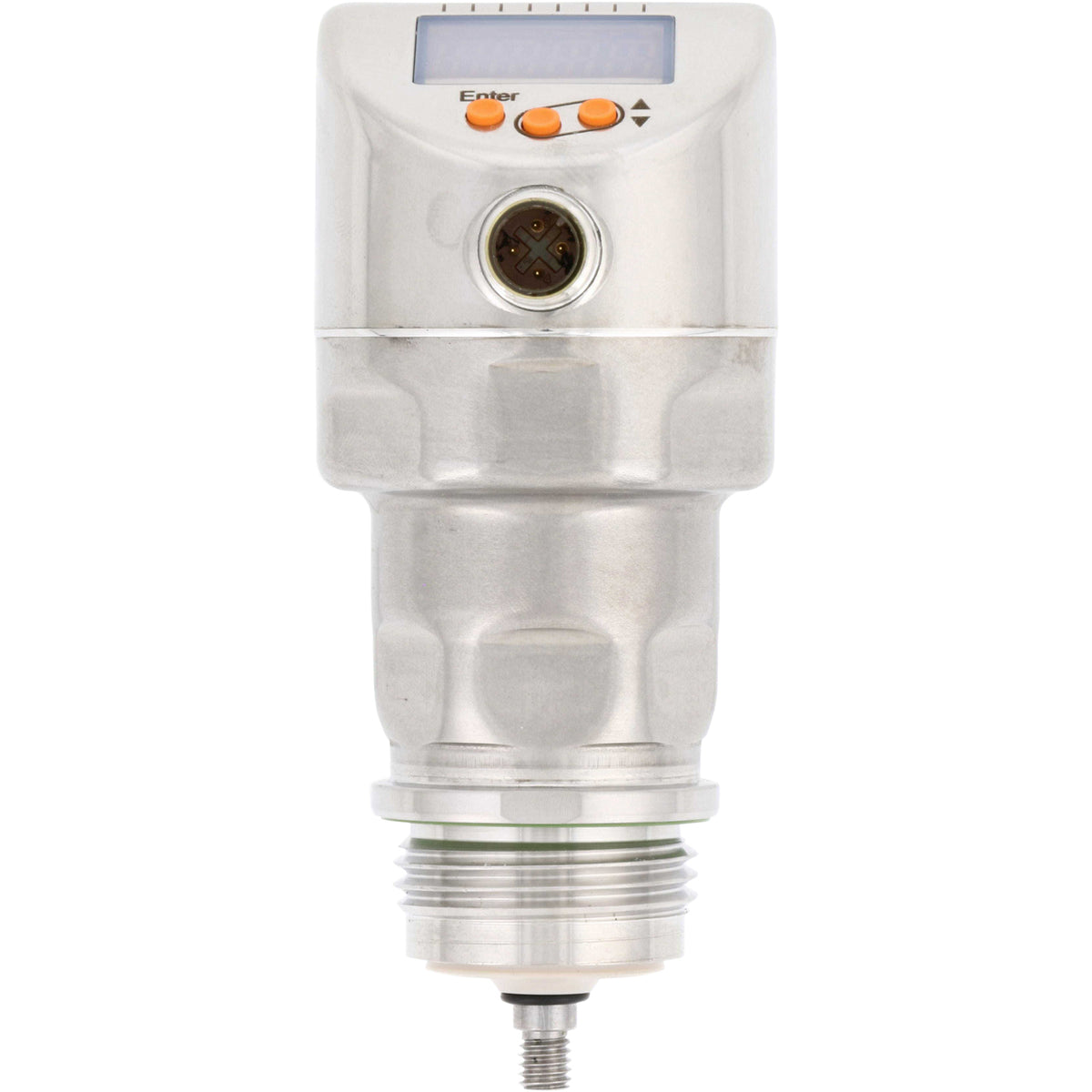 Continuous level sensor with three orange push buttons and a threaded end shown on white background.
