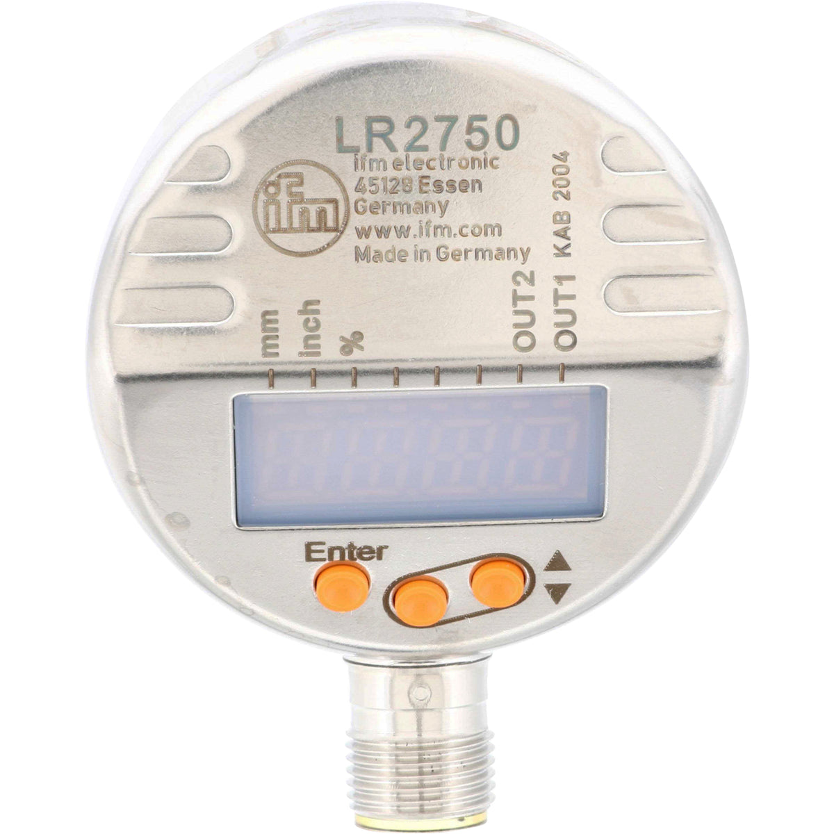 Circular metal housing with numerical display and three orange push buttons on white background.