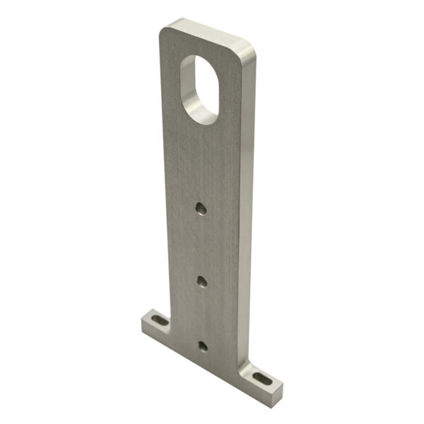Machined aluminum sensor mounting bracket on white background. Bracket has two "feet" with slotted mounting holes for mounting purposes and one large slotted hold for the sensor.