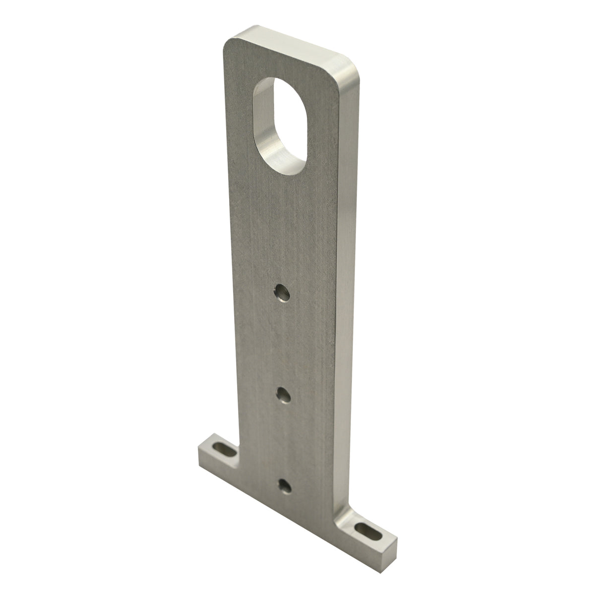 Machined aluminum sensor mounting bracket on white background. Bracket has two "feet" with slotted mounting holes for mounting purposes and one large slotted hold for the sensor.