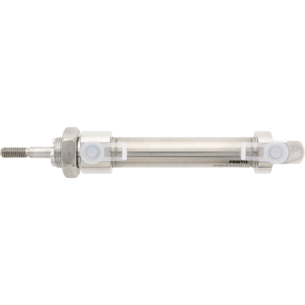 Stainless-steel , cylindrical pneumatic cylinder with white plastic plugs pressed into threaded holes. Cylinder is shown on a white background. 13111349