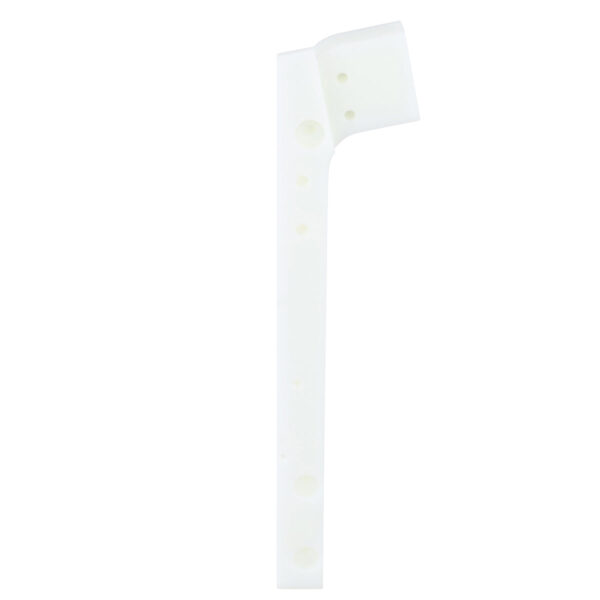 Machined HDPE lid chute part with multiple holes shown on white background.