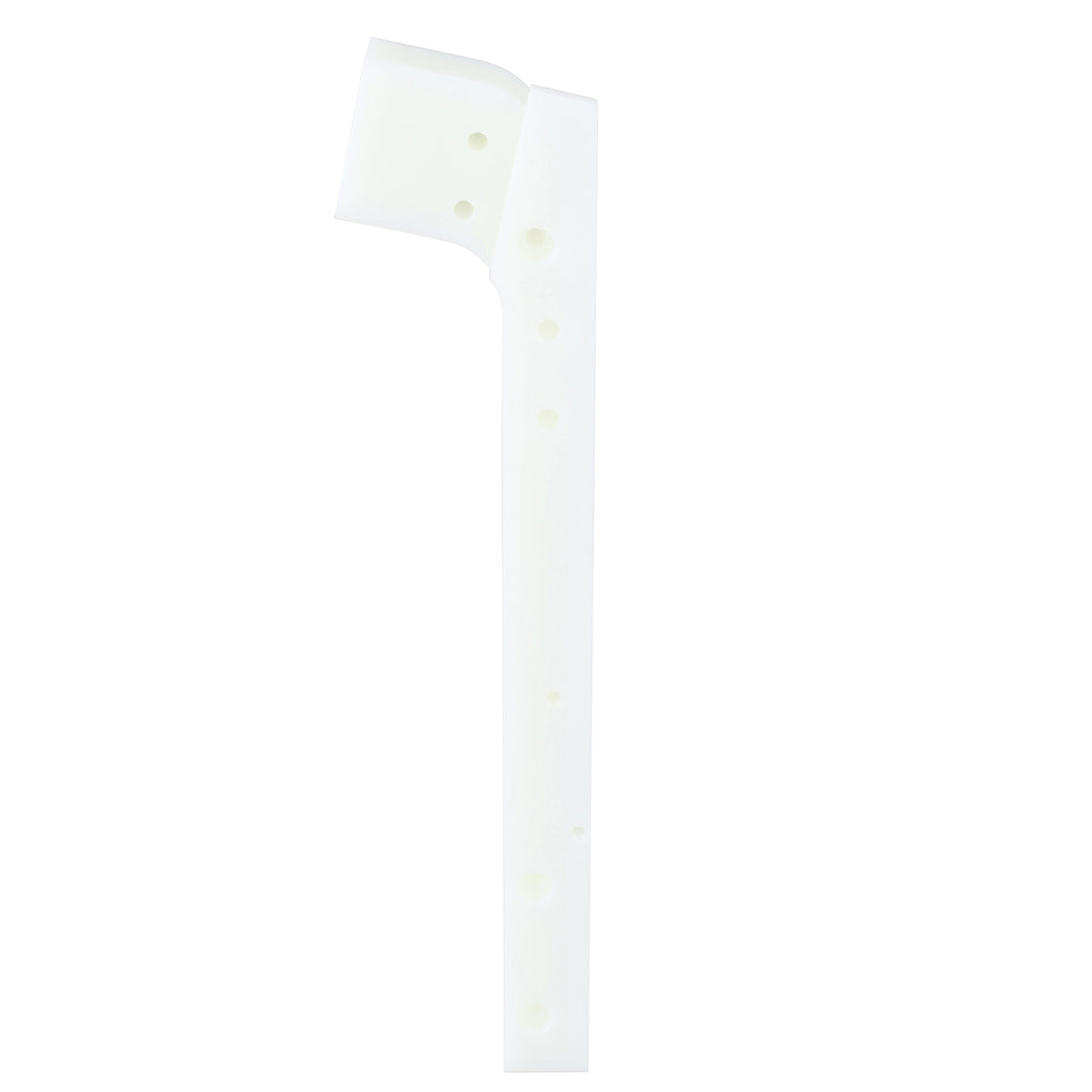 Machined, white HDPE lid chute part with multiple holes on white background.
