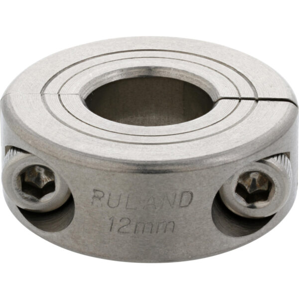 A circular stainless steel clamp with two socket head cap screws threaded into its side shown on a white background.