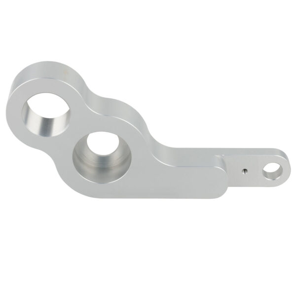 Grey machined 2nd op swing arm part made of anodized aluminum on white background.