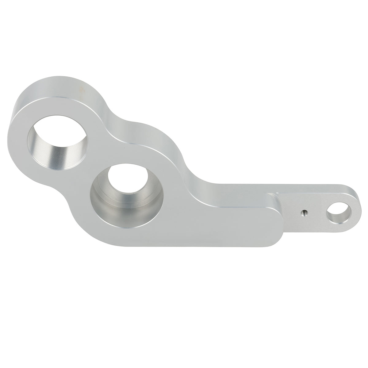 Grey machined 2nd op swing arm part made of anodized aluminum on white background.