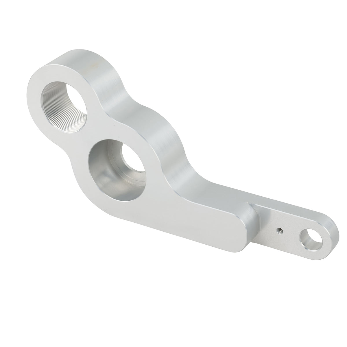 Grey machined swing arm part made of anodized aluminum on white background.