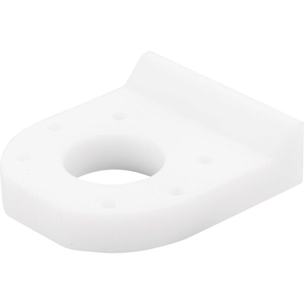 White machined plastic wedge part with four small mounting holes and one larger center hole. Part shown on white background.
