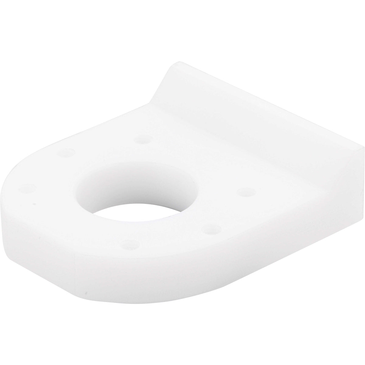 White machined plastic wedge part with four small mounting holes and one larger center hole. Part shown on white background.