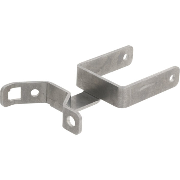 Bent stainless steel mounting bracket with holes on white background.