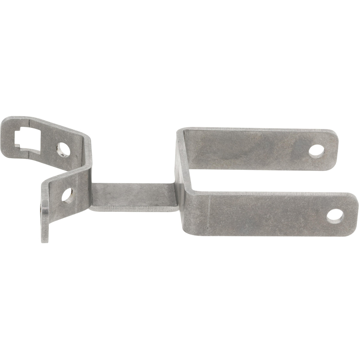 Bent stainless steel mounting bracket with holes on white background.