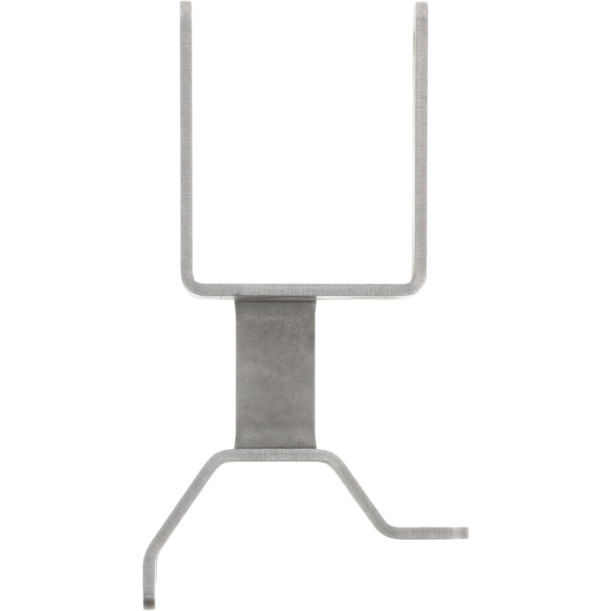 Bent stainless steel mounting bracket with holes on white background.