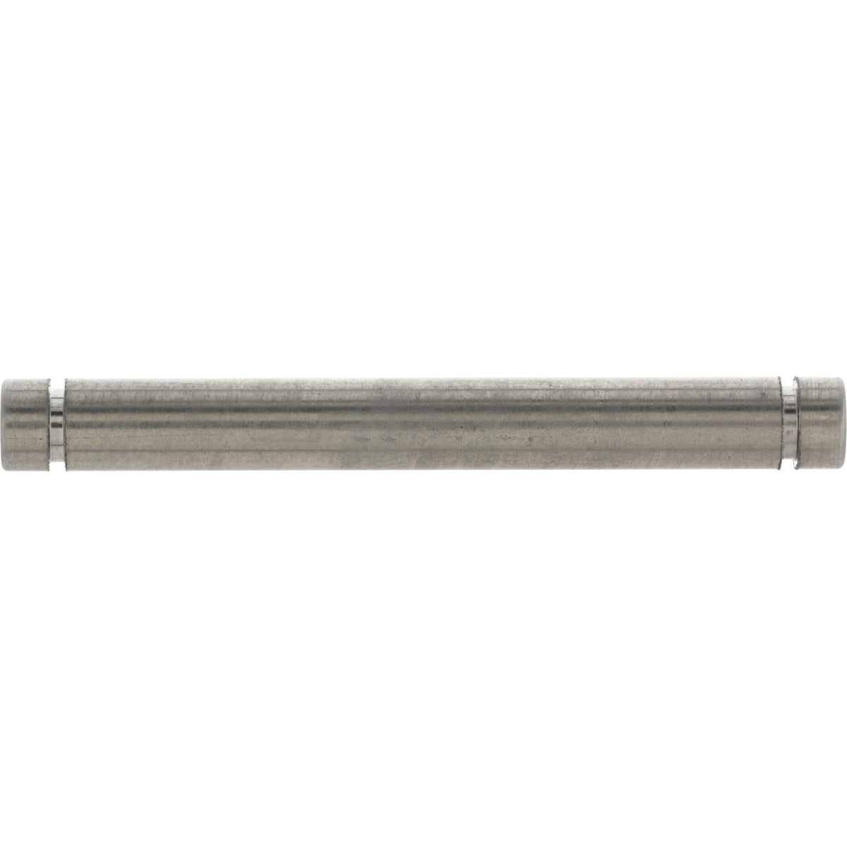 Small stainless steel rod with grooves cut into each end on white background.