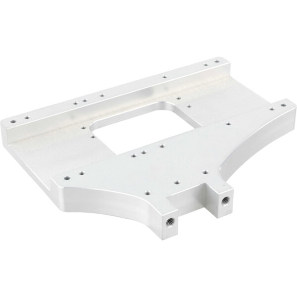 Machined grey hard anodized aluminum part with multiple threaded holes shown on white background.