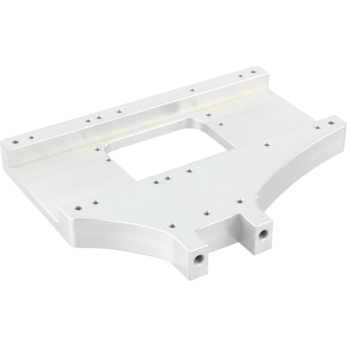 Machined grey hard anodized aluminum part with multiple threaded holes shown on white background.