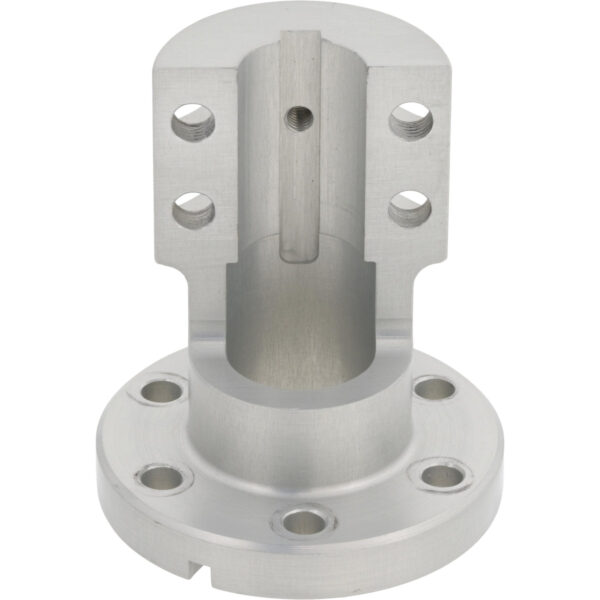 Machined aluminum spindle part with multiple threaded mounting holes on white background.