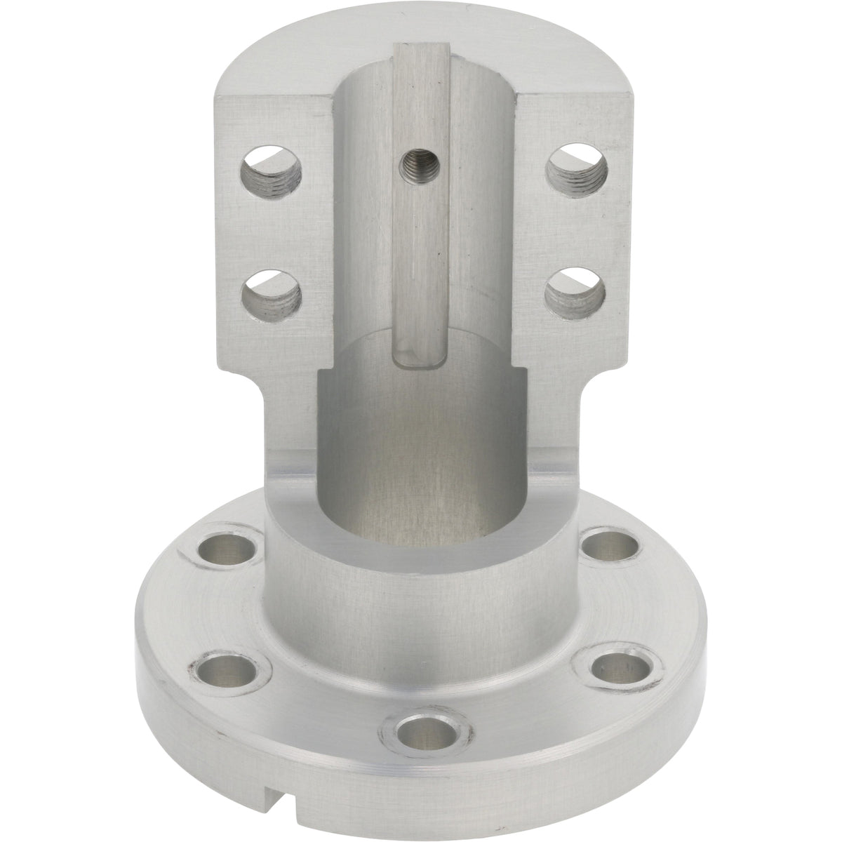 Machined aluminum spindle part with multiple threaded mounting holes on white background.