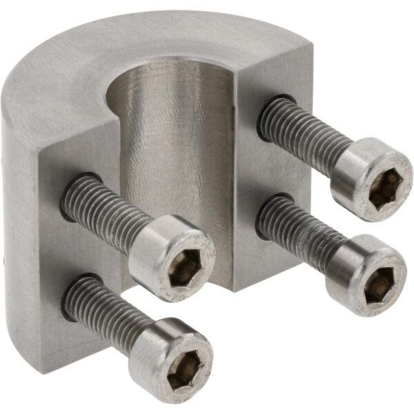 Stainless steel half cylindrical part with four socket head screws threaded into part. Part shown on white background.