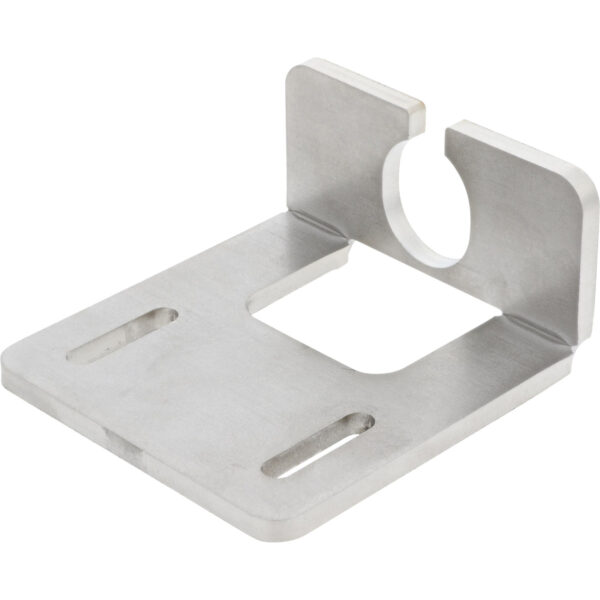 Rectangular stainless steel part with 90 degree bend. The part has multiple holes cut into it and is shown on a white background.